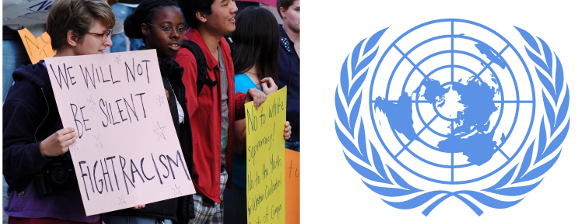 protesters and un logo